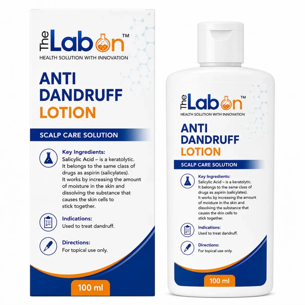 The Labon Anti Dandruff Lotion 100 ml – Salicylic Acid scalp care solution in premium medical packaging with bottle and carton box on a white background.