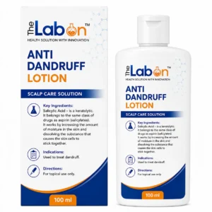 The Labon Anti Dandruff Lotion 100 ml – Salicylic Acid scalp care solution in premium medical packaging with bottle and carton box on a white background.