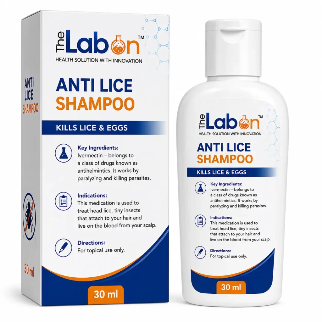 The Labon Anti Lice Shampoo 30 ml with Ivermectin, displayed in a white bottle and matching carton box on a white background. Medicated anti-lice treatment formulated to kill head lice and eggs while helping eliminate scalp infestations.