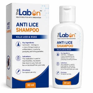 The Labon Anti Lice Shampoo 30 ml with Ivermectin, displayed in a white bottle and matching carton box on a white background. Medicated anti-lice treatment formulated to kill head lice and eggs while helping eliminate scalp infestations.