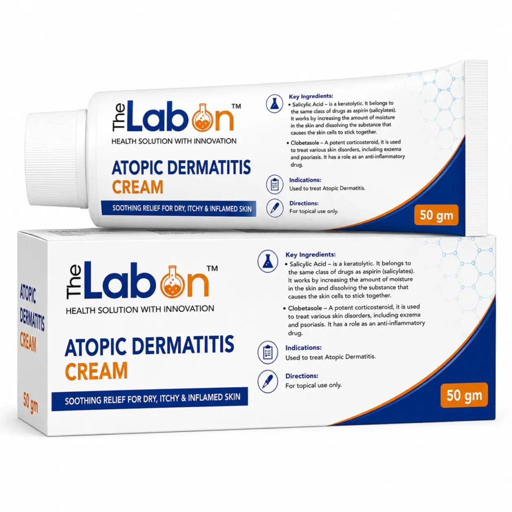 The Labon Atopic Dermatitis Cream 50 gm with Salicylic Acid and Clobetasol, presented in professional pharmaceutical packaging for topical skin care treatment.