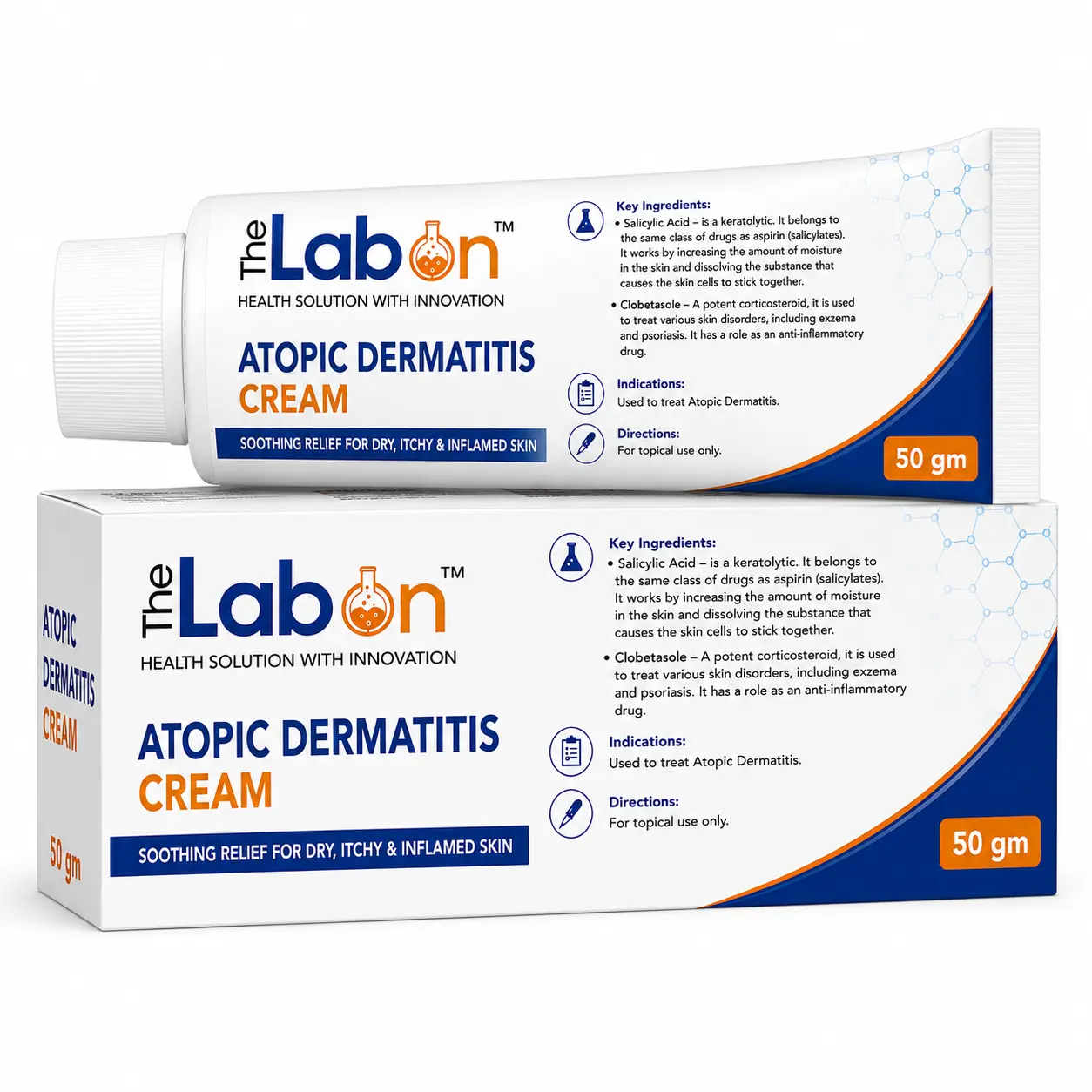 The Labon Atopic Dermatitis Cream 50 gm with Salicylic Acid and Clobetasol, presented in professional pharmaceutical packaging for topical skin care treatment.