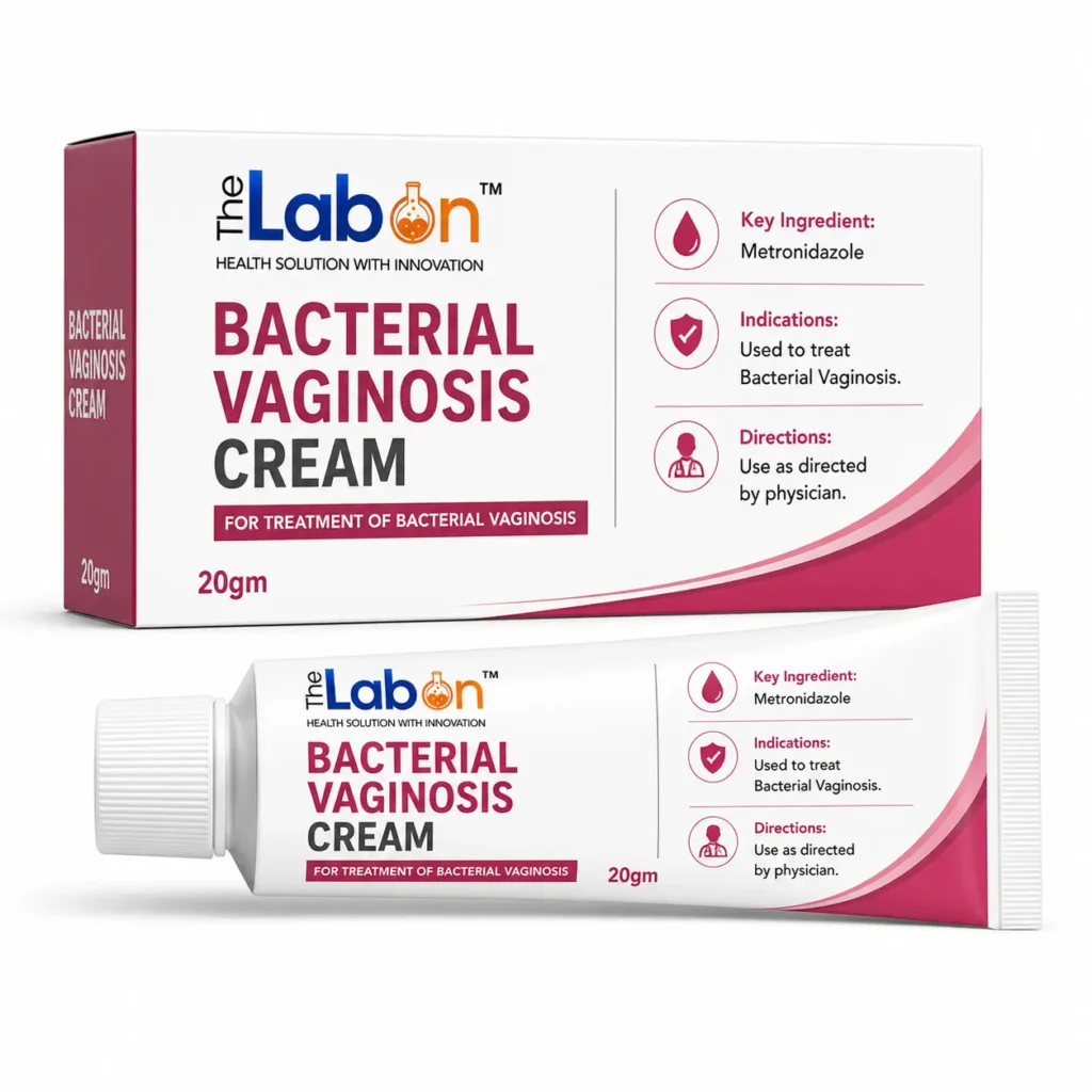 The Labon Bacterial Vaginosis Cream 20 gm with Metronidazole, formulated for the treatment of bacterial vaginosis and presented in professional pharmaceutical tube and carton packaging.