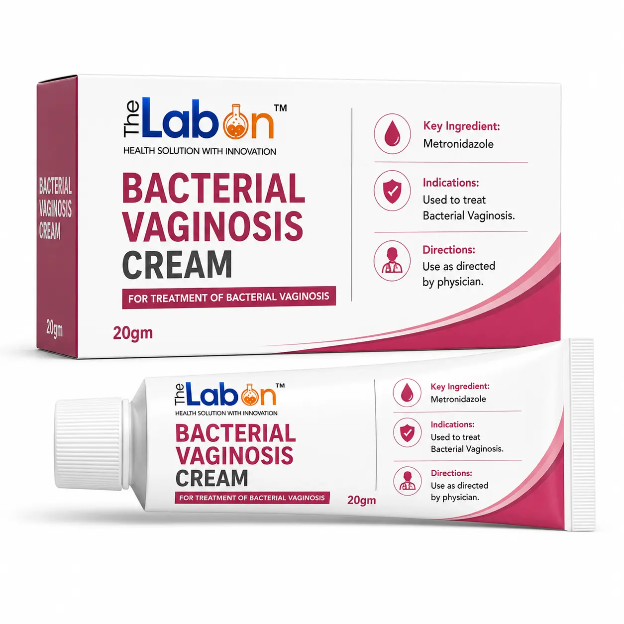 The Labon Bacterial Vaginosis Cream 20 gm with Metronidazole, formulated for the treatment of bacterial vaginosis and presented in professional pharmaceutical tube and carton packaging.