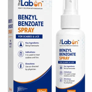 The Labon Benzyl Benzoate Spray 50 ml with Benzyl Benzoate, presented in a spray pump bottle and matching carton box for the treatment of scabies and lice.