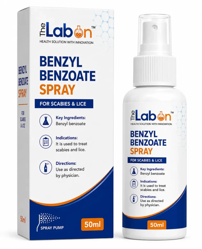 The Labon Benzyl Benzoate Spray 50 ml with Benzyl Benzoate, presented in a spray pump bottle and matching carton box for the treatment of scabies and lice.