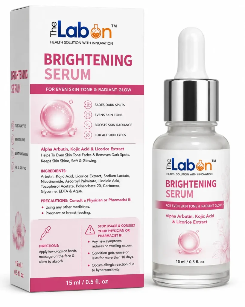 The Labon Brightening Serum 15 ml with Alpha Arbutin, Kojic Acid, and Licorice Extract, designed to help reduce dark spots, even skin tone, and enhance skin radiance.