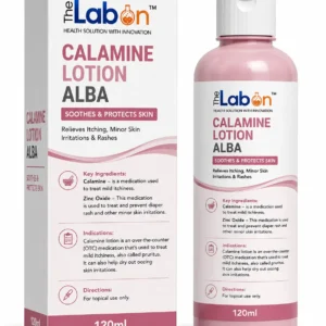 The Labon Calamine Lotion Alba 120 ml with Calamine and Zinc Oxide, formulated to soothe itching, minor skin irritations, rashes, and oozing skin conditions.