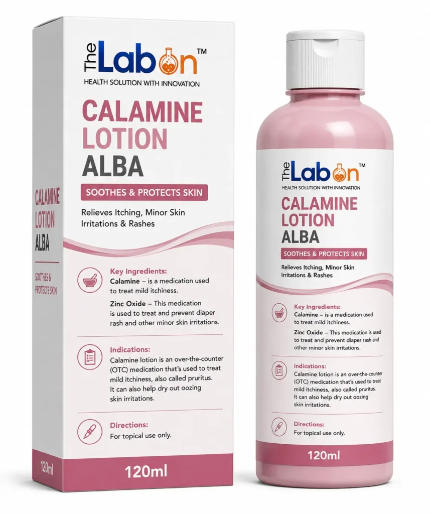 The Labon Calamine Lotion Alba 120 ml with Calamine and Zinc Oxide, formulated to soothe itching, minor skin irritations, rashes, and oozing skin conditions.