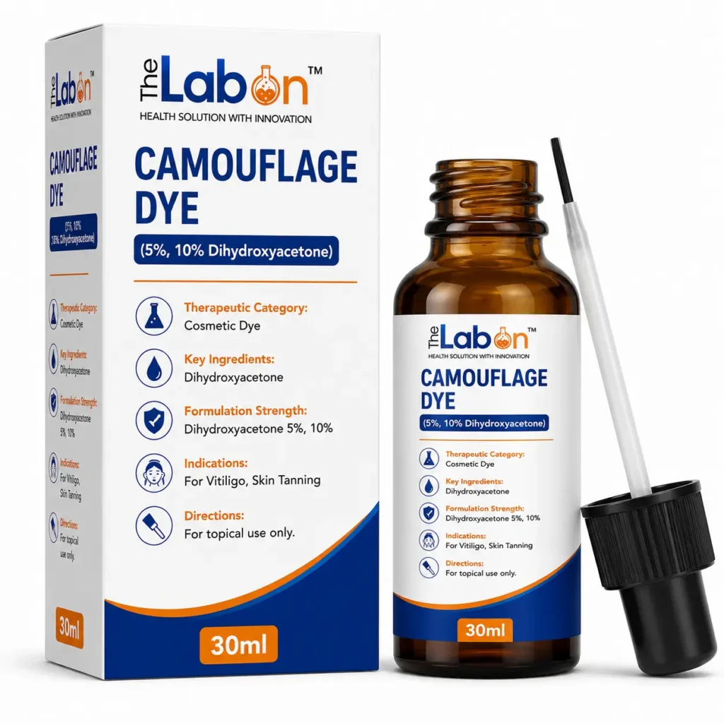 The Labon Camouflage Dye 30 ml with Dihydroxyacetone (5% and 10%), presented in a brush-applicator serum vial and carton packaging for vitiligo camouflage and skin tanning applications.
