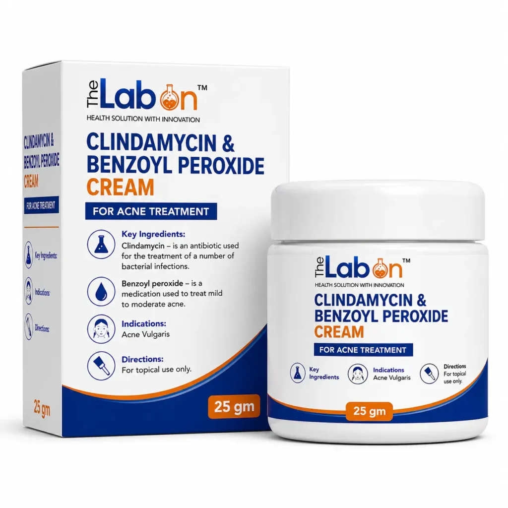 The Labon Clindamycin & Benzoyl Peroxide Cream 25 gm in a pharmaceutical jar and carton packaging, formulated for the topical treatment of Acne Vulgaris.