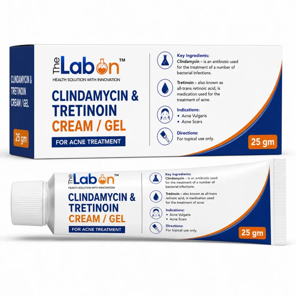 The Labon Clindamycin & Tretinoin Cream/Gel 25 gm in pharmaceutical tube and carton packaging, formulated for the treatment of Acne Vulgaris and acne scars.