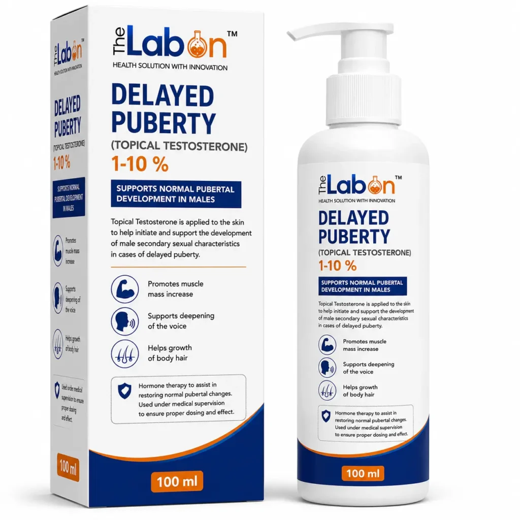 The Labon Delayed Puberty (Topical Testosterone 1–10%) 100 ml in a pump bottle and carton packaging, formulated to support normal pubertal development and male secondary sexual characteristics under medical supervision.