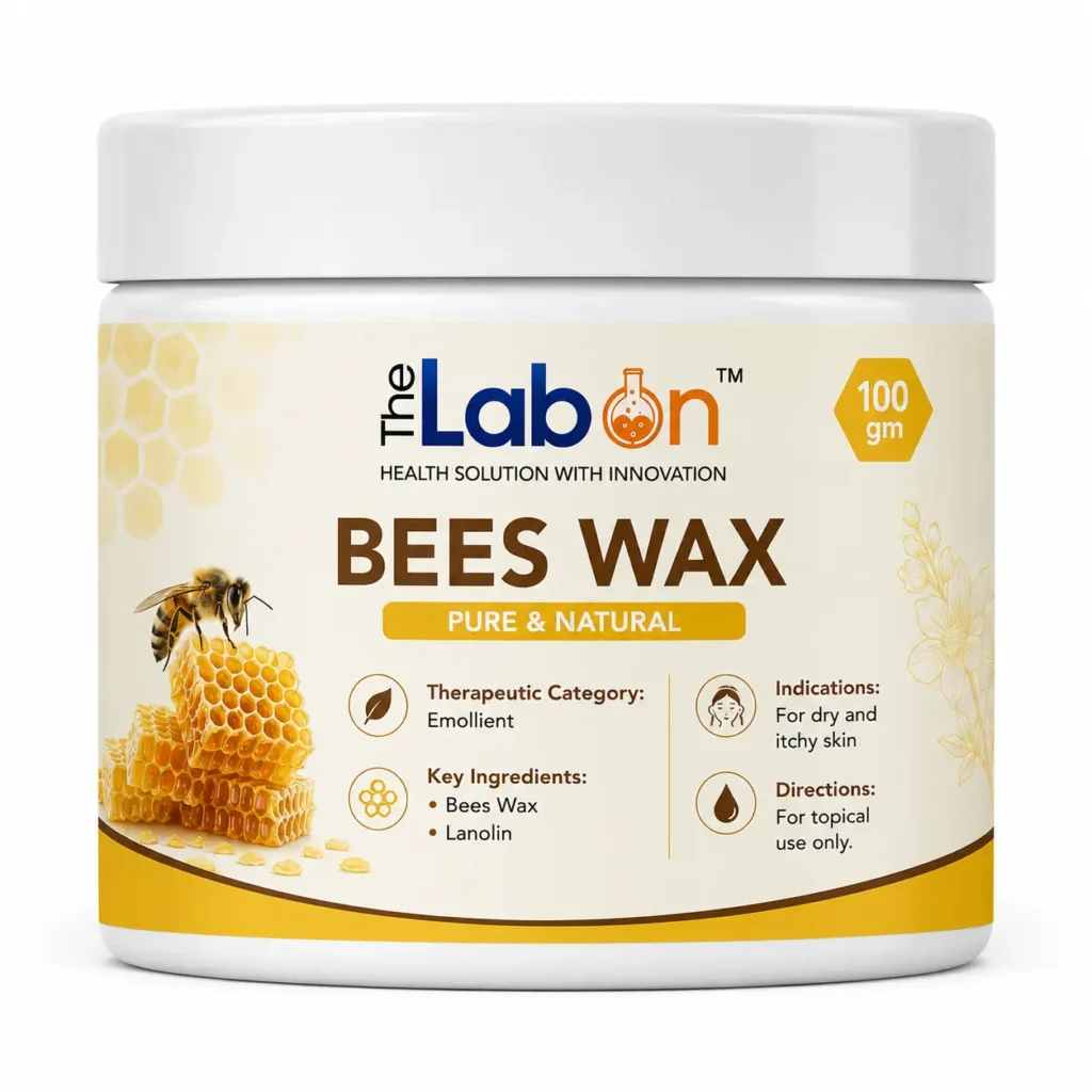 The Labon Bees Wax 100 gm jar with Bees Wax and Lanolin, designed to moisturize and soothe dry, itchy skin with emollient benefits.