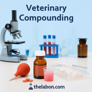 Veterinary compounding lab workspace featuring flavored pet medications, liquid syringes, and transdermal gels, branded with thelabon.com..